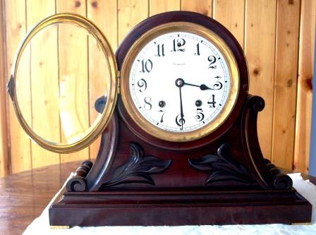 Ansonia bracket clock, front, bezel open